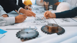 Design engineers discussing part measurements