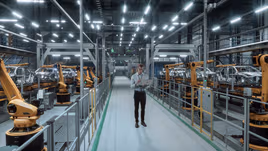 Engineer walking around a automotive manufacturing plant with a laptop