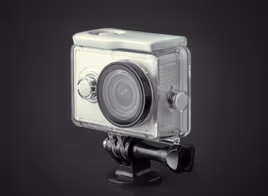 Small camera in a waterproof case secured to a mount
